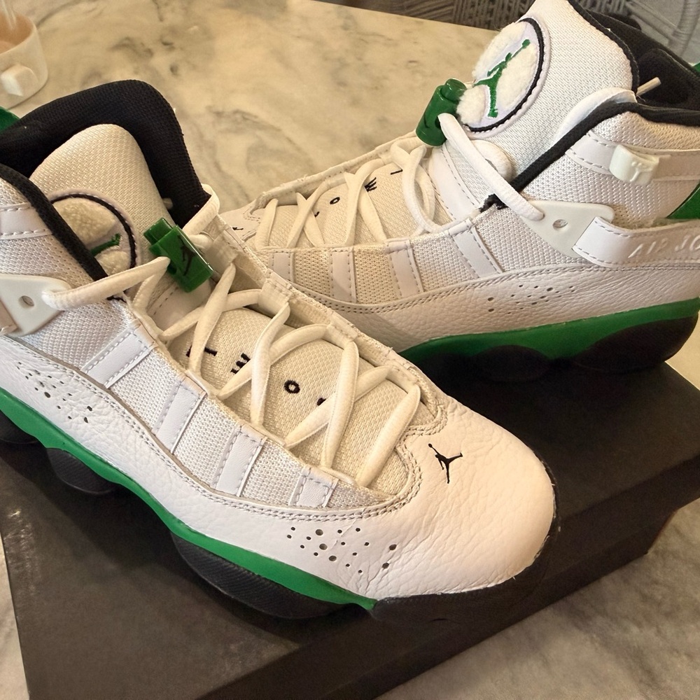 Jordan Kids White and Green Retro Basketball Sneakers
